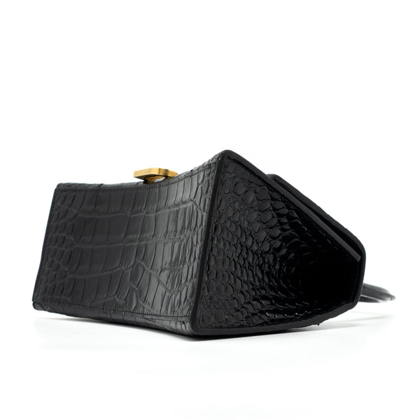 Balenciaga Hourglass Small Handbag Croc Embossed Calfskin Black GHW | Designer Top Handle Bag