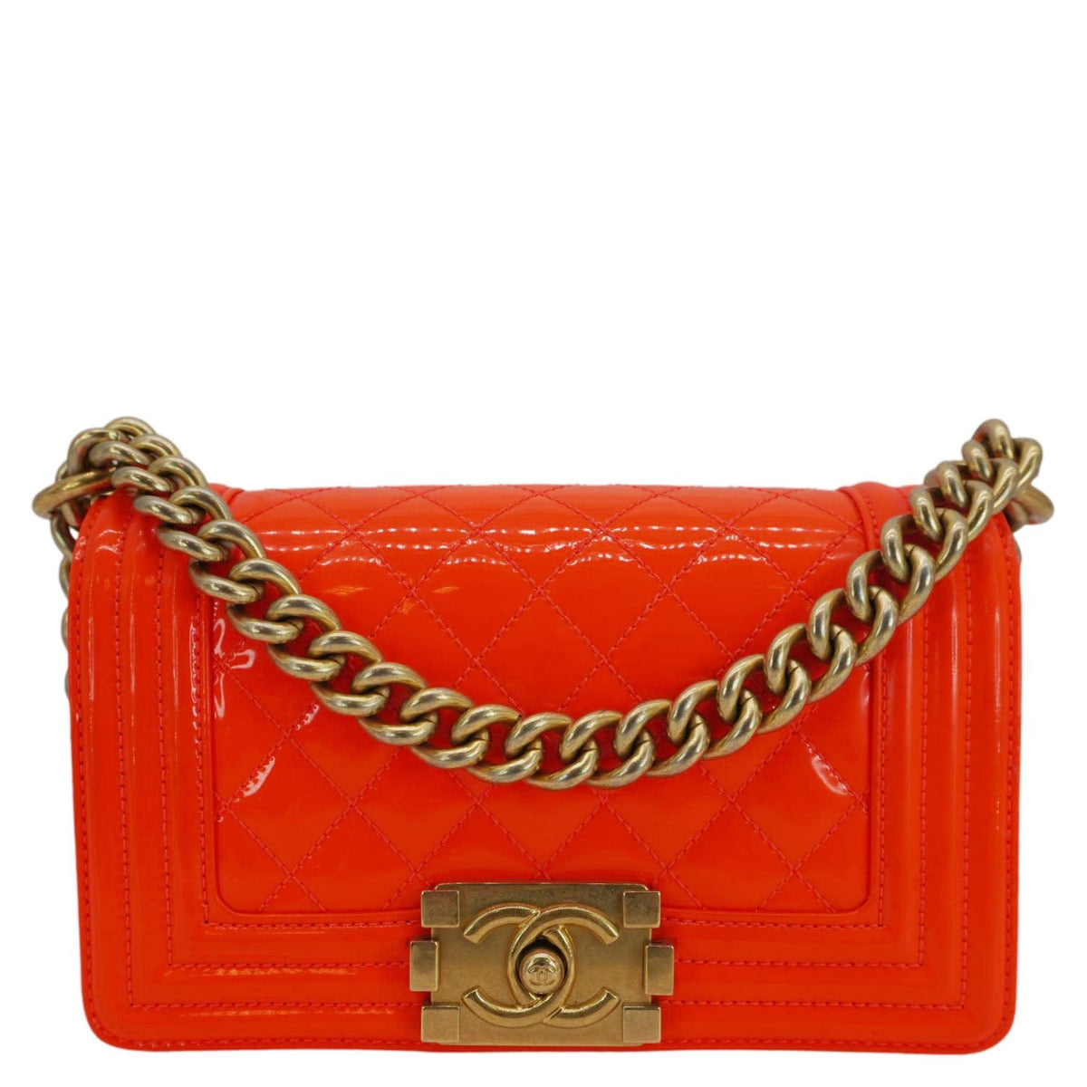 Chanel Bags Chanel Boy Flap Small Quilted Patent Leather Shoulder Bag Orange Premium Designer Shoulder Bag