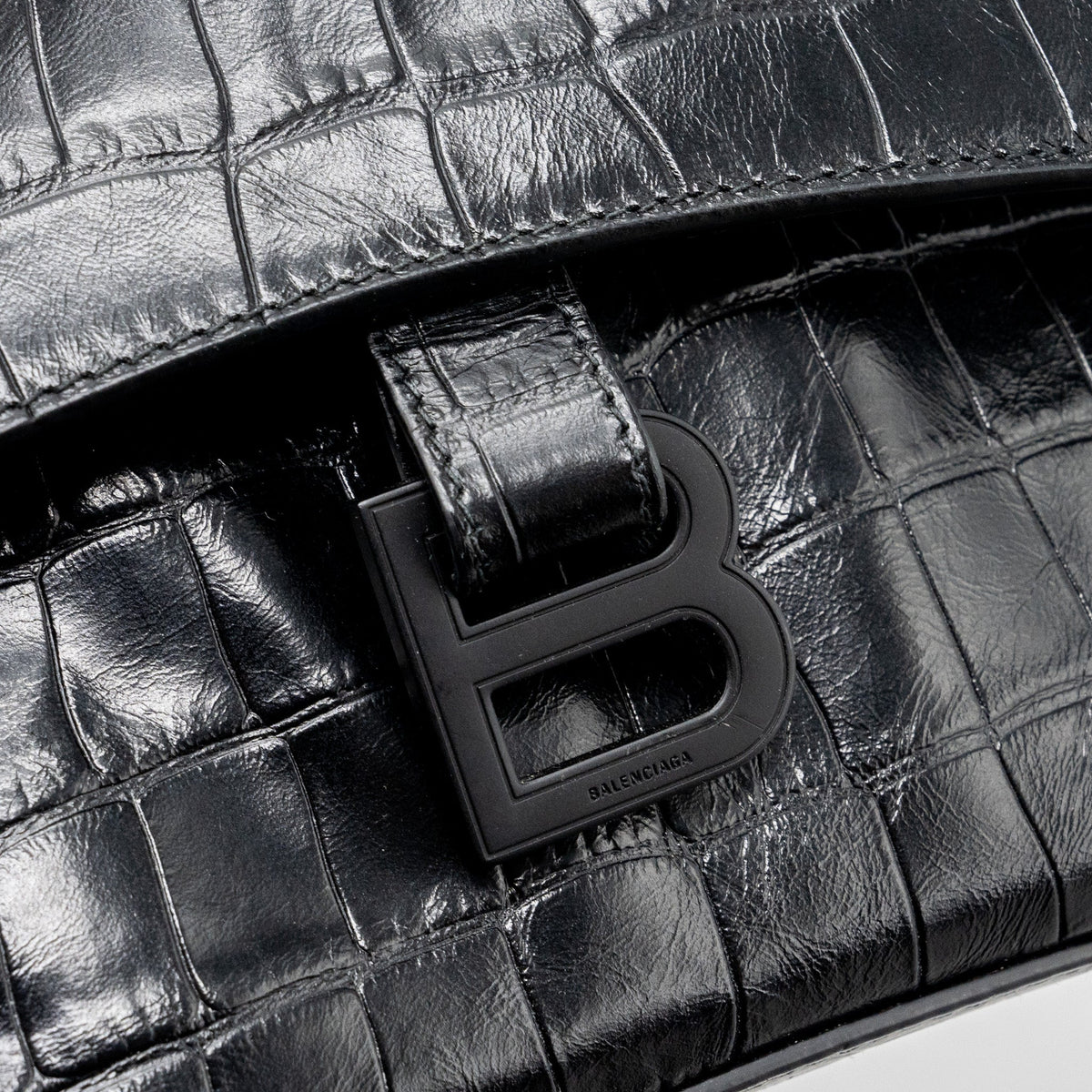 Balenciaga Downtown Small Shoudler Bag Crocodile Embossed Black with Black Hardware | Designer Shoulder Bag