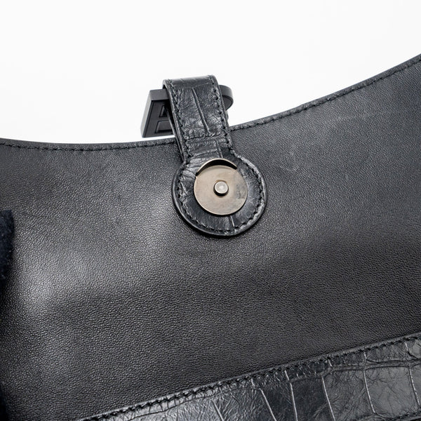 Balenciaga Downtown Small Shoudler Bag Crocodile Embossed Black with Black Hardware | Designer Shoulder Bag