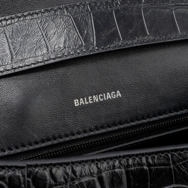 Balenciaga Downtown Small Shoudler Bag Crocodile Embossed Black with Black Hardware | Designer Shoulder Bag