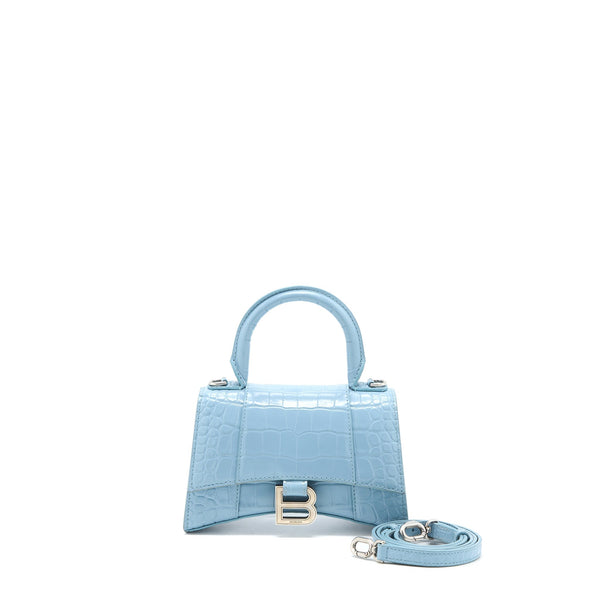 Balenciaga Hourglass XS Cro-Embossed Calfskin Light Blue SHW | Designer Top Handle Bag