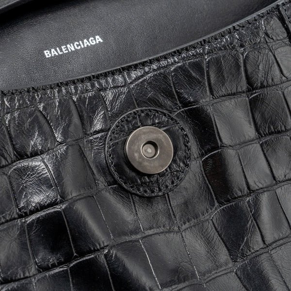 Balenciaga Downtown Small Shoudler Bag Crocodile Embossed Black with Black Hardware | Designer Shoulder Bag