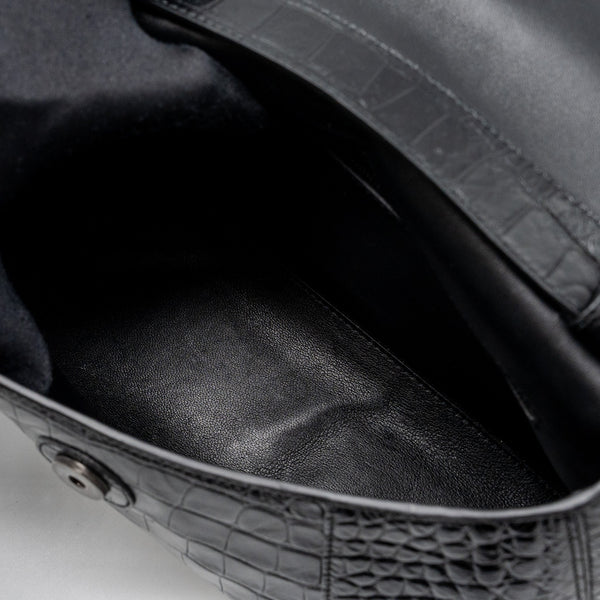 Balenciaga Downtown Small Shoudler Bag Crocodile Embossed Black with Black Hardware | Designer Shoulder Bag