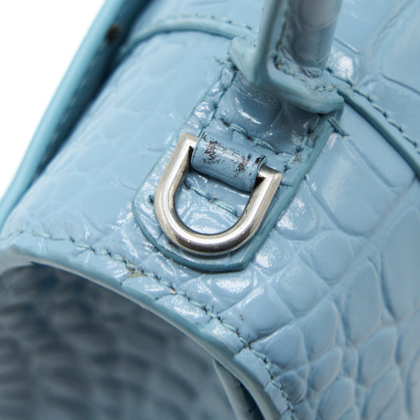 Balenciaga Hourglass XS Cro-Embossed Calfskin Light Blue SHW | Designer Top Handle Bag