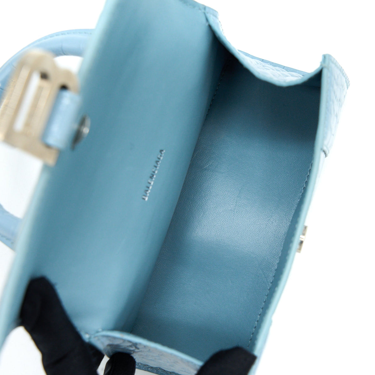 Balenciaga Hourglass XS Cro-Embossed Calfskin Light Blue SHW | Designer Top Handle Bag
