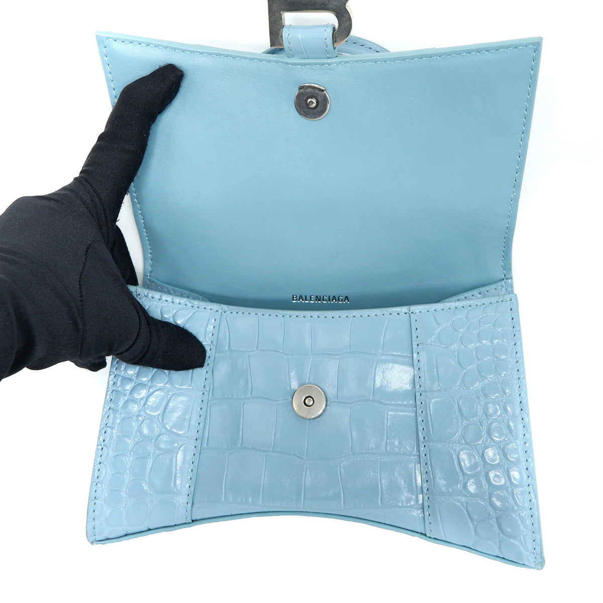 Balenciaga Hourglass XS Cro-Embossed Calfskin Light Blue SHW | Designer Top Handle Bag