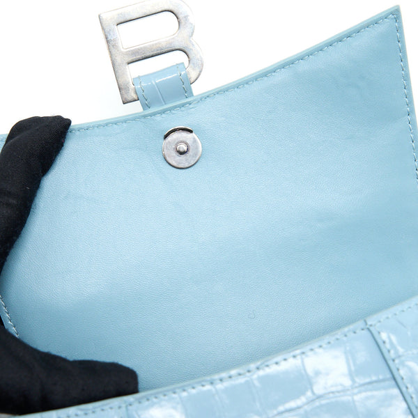 Balenciaga Hourglass XS Cro-Embossed Calfskin Light Blue SHW | Designer Top Handle Bag