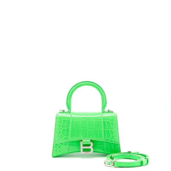 Balenciaga Hourglass XS Croc Embossed Calfskin Green SHW | Designer Top Handle Bag