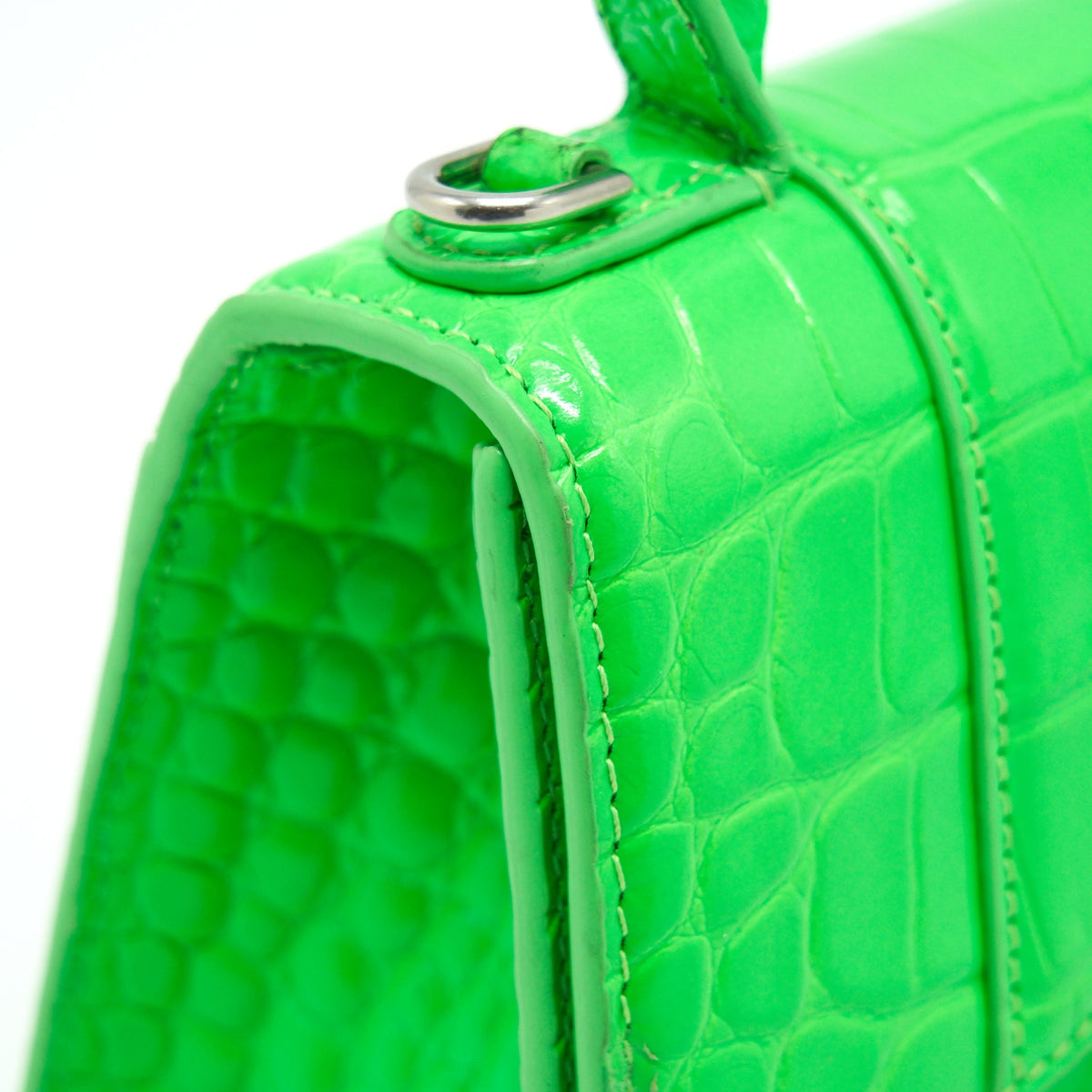Balenciaga Hourglass XS Croc Embossed Calfskin Green SHW | Designer Top Handle Bag