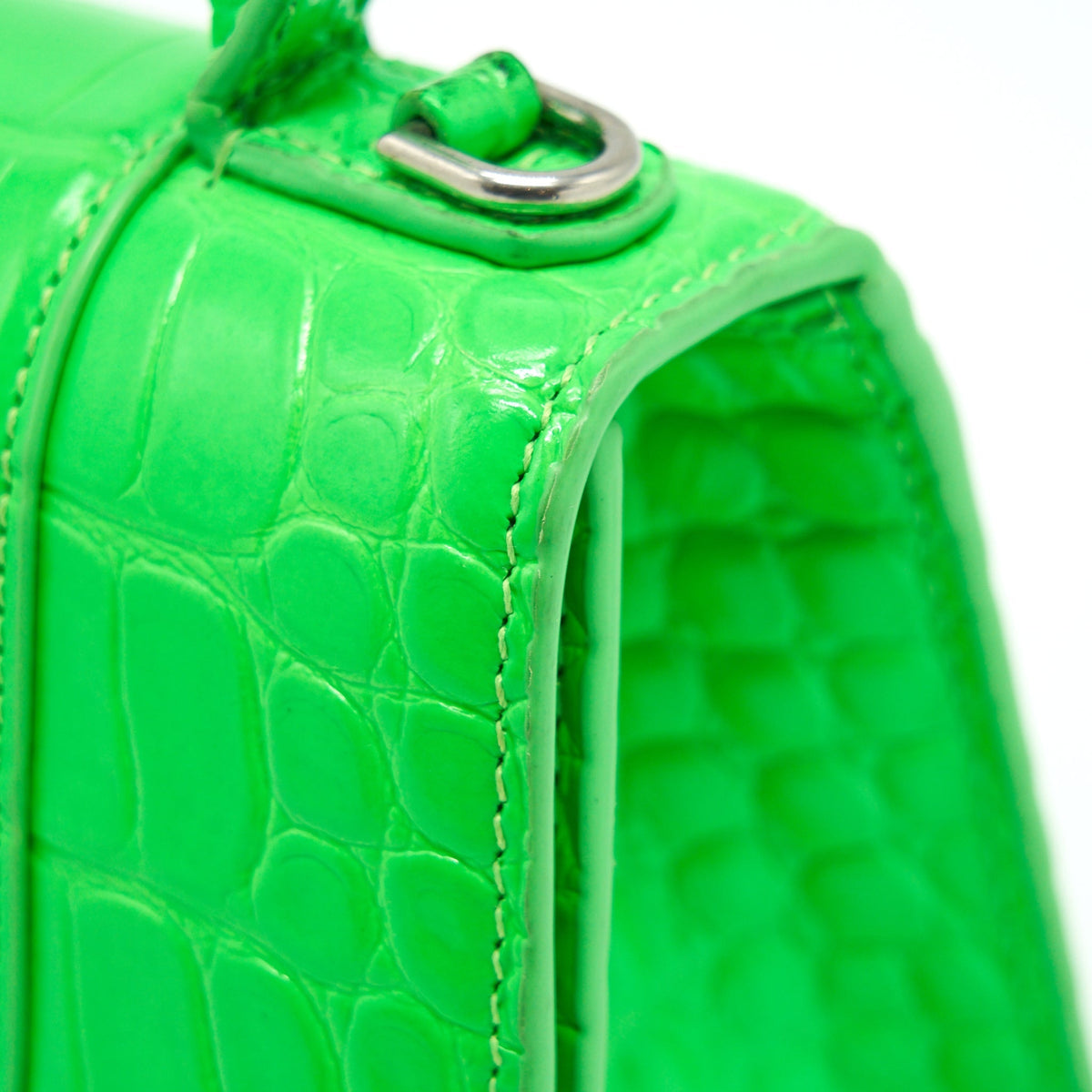 Balenciaga Hourglass XS Croc Embossed Calfskin Green SHW | Designer Top Handle Bag