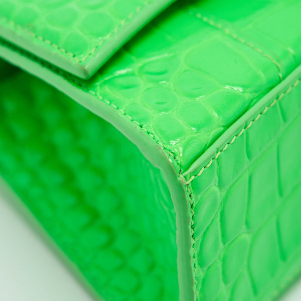 Balenciaga Hourglass XS Croc Embossed Calfskin Green SHW | Designer Top Handle Bag