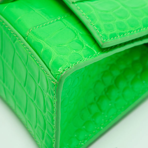 Balenciaga Hourglass XS Croc Embossed Calfskin Green SHW | Designer Top Handle Bag