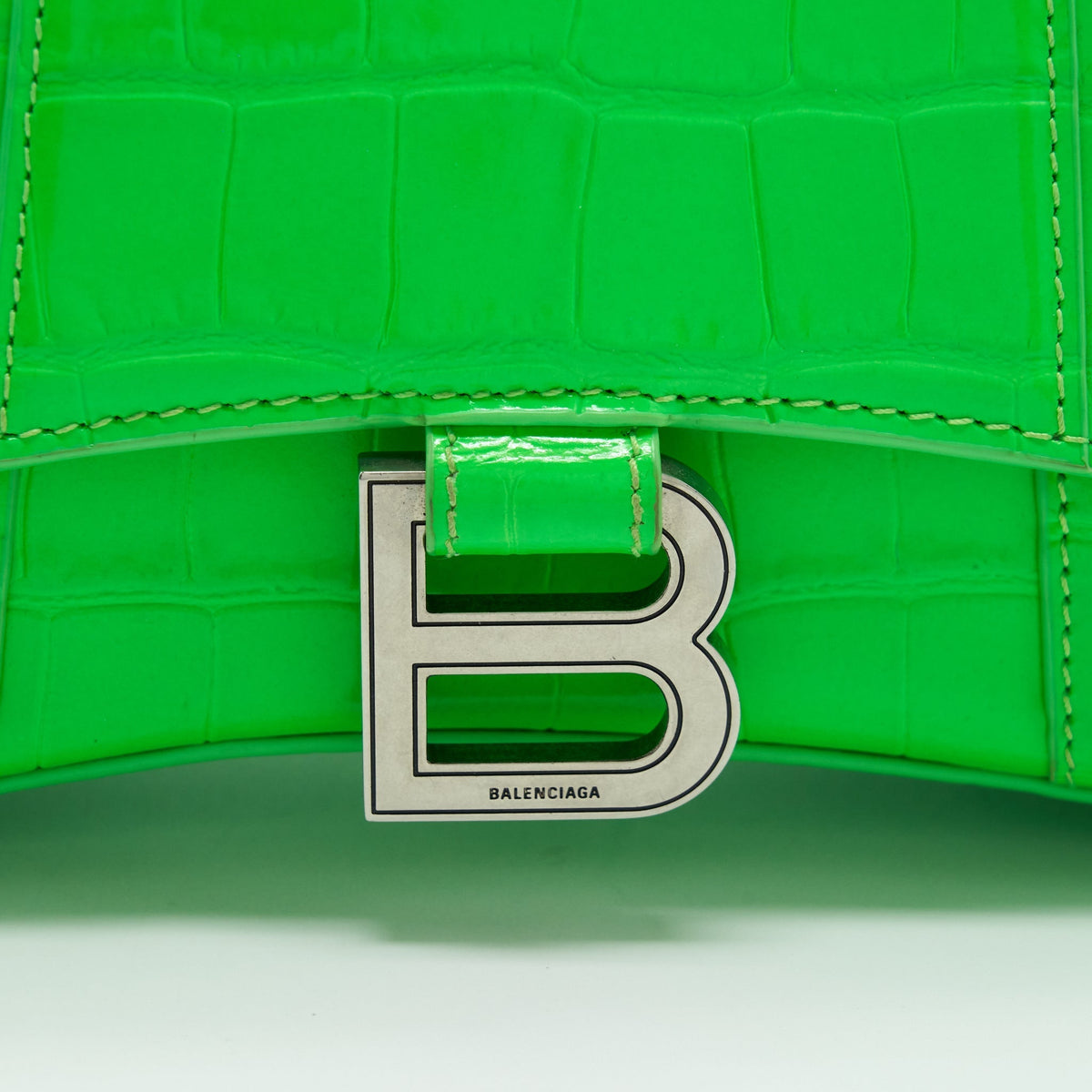 Balenciaga Hourglass XS Croc Embossed Calfskin Green SHW | Designer Top Handle Bag