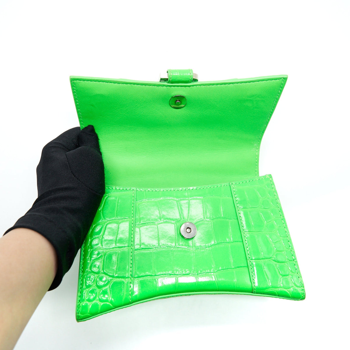 Balenciaga Hourglass XS Croc Embossed Calfskin Green SHW | Designer Top Handle Bag