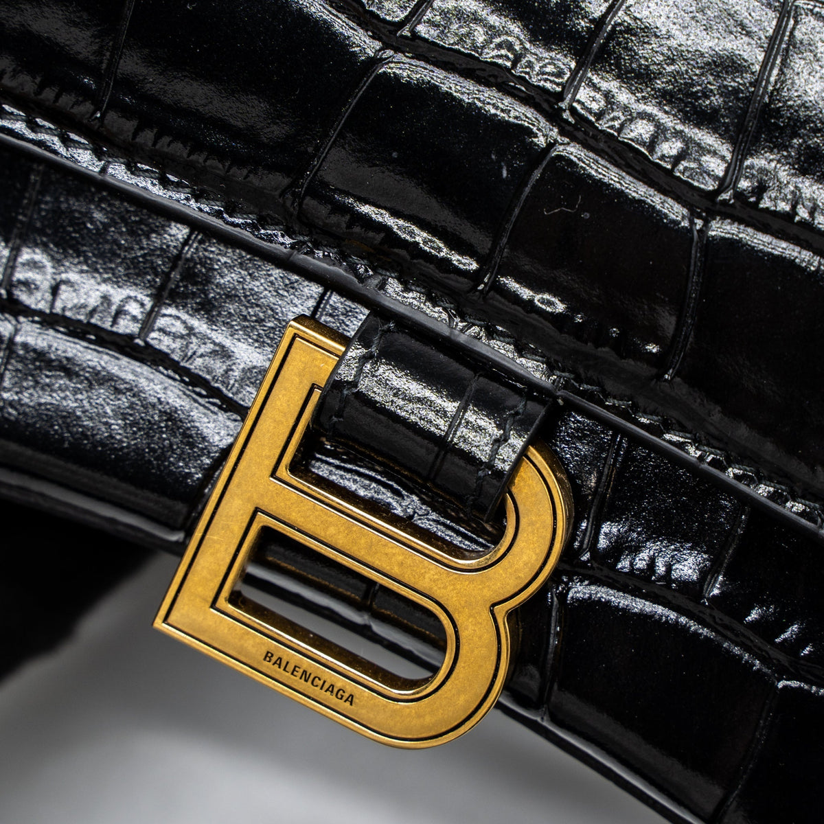 Balenciaga Hourglass Small Handbag Croc Embossed Calfskin Black GHW | Designer Top Handle Bag