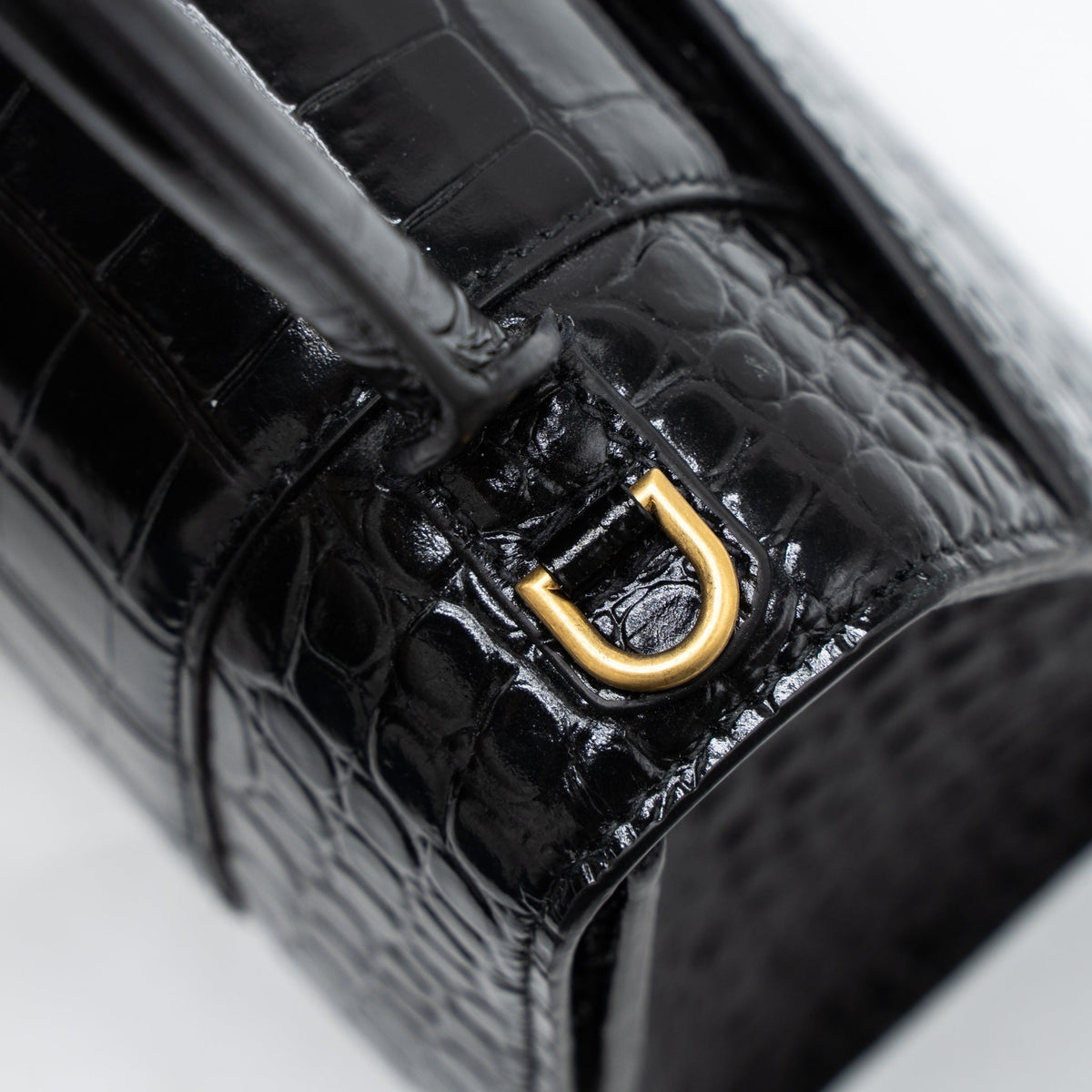 Balenciaga Hourglass Small Handbag Croc Embossed Calfskin Black GHW | Designer Top Handle Bag