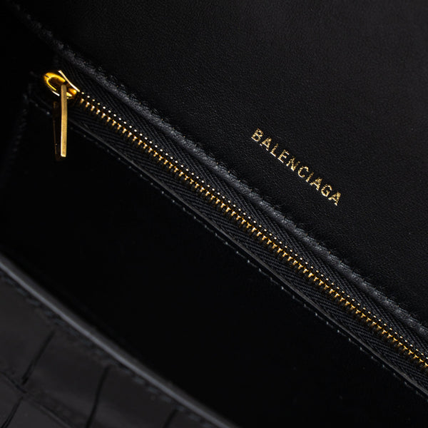 Balenciaga Hourglass Small Handbag Croc Embossed Calfskin Black GHW | Designer Top Handle Bag