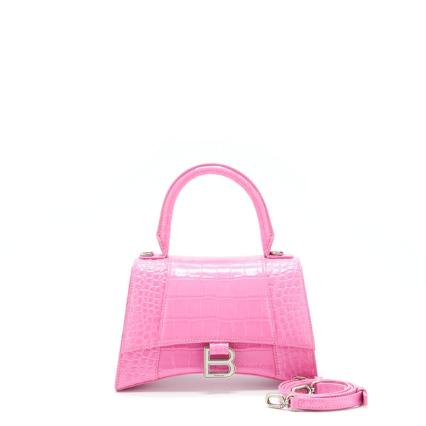 Balenciaga Hourglass Croc Embossed Pink SHW | Designer Top Handle Bag