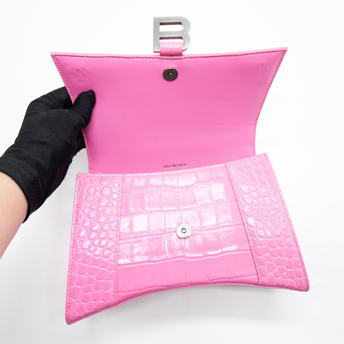 Balenciaga Hourglass Croc Embossed Pink SHW | Designer Top Handle Bag