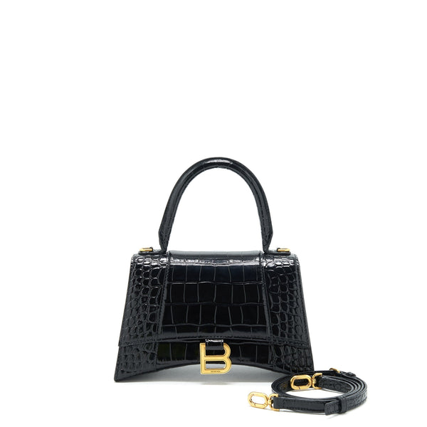 Balenciaga Hourglass S Croc Embossed leather handbag Black GHW | Designer Top Handle Bag