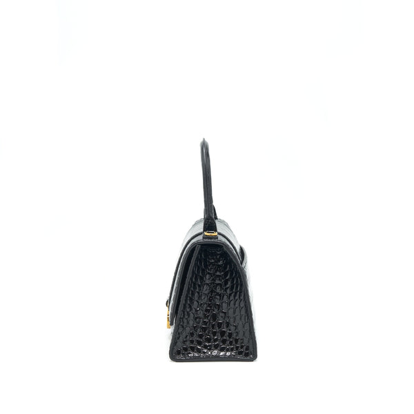 Balenciaga Hourglass S Croc Embossed leather handbag Black GHW | Designer Top Handle Bag