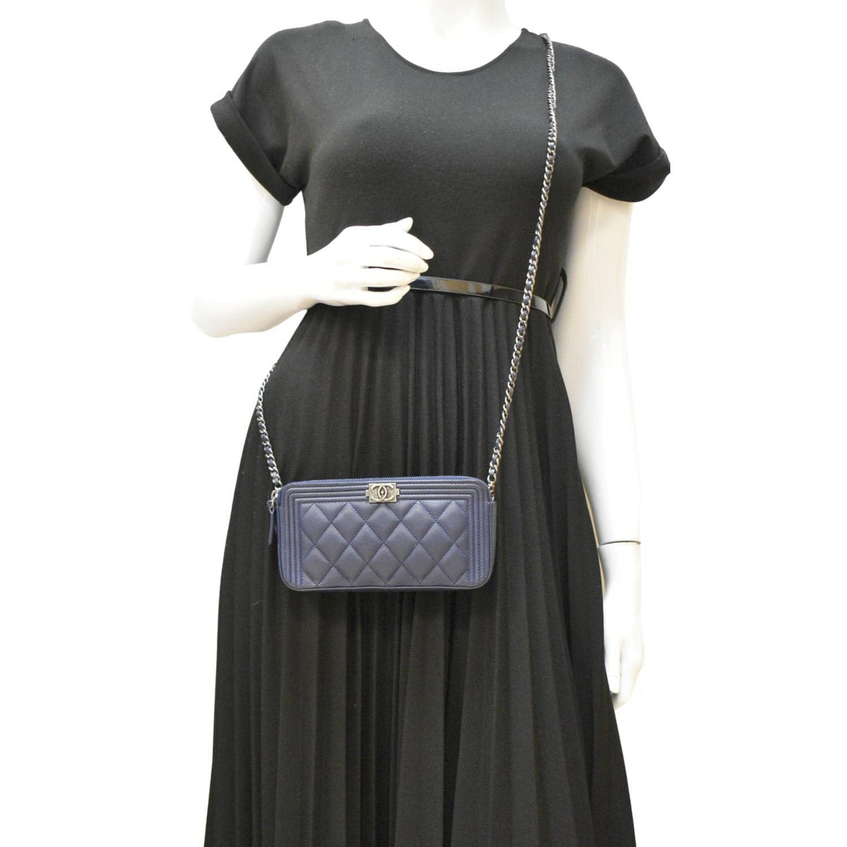 Chanel Wallets? Chanel Boy Double Zip Wallet on Chain Leather Crossbody Bag Navy Blue Compact Luxury Card Wallet