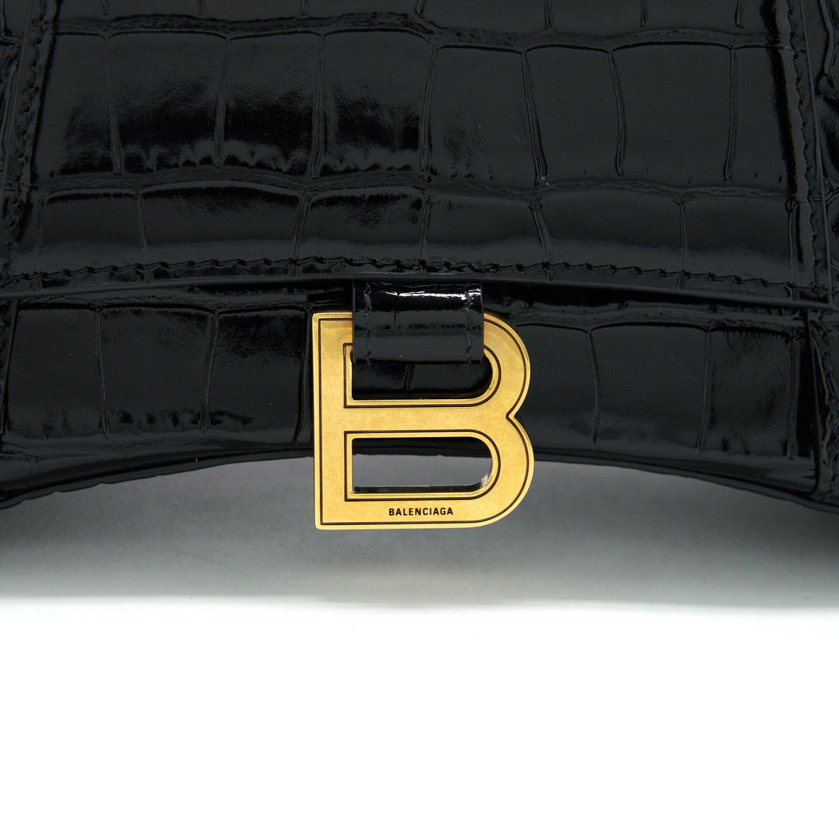 Balenciaga Hourglass S Croc Embossed leather handbag Black GHW | Designer Top Handle Bag