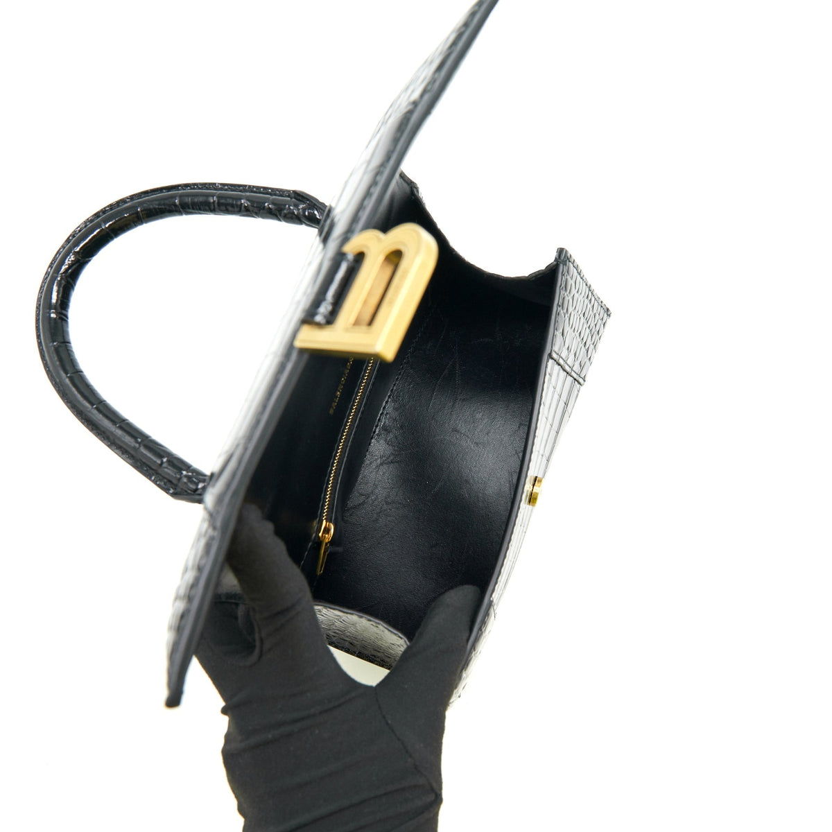 Balenciaga Hourglass S Croc Embossed leather handbag Black GHW | Designer Top Handle Bag