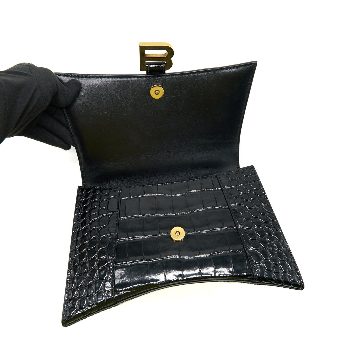 Balenciaga Hourglass S Croc Embossed leather handbag Black GHW | Designer Top Handle Bag