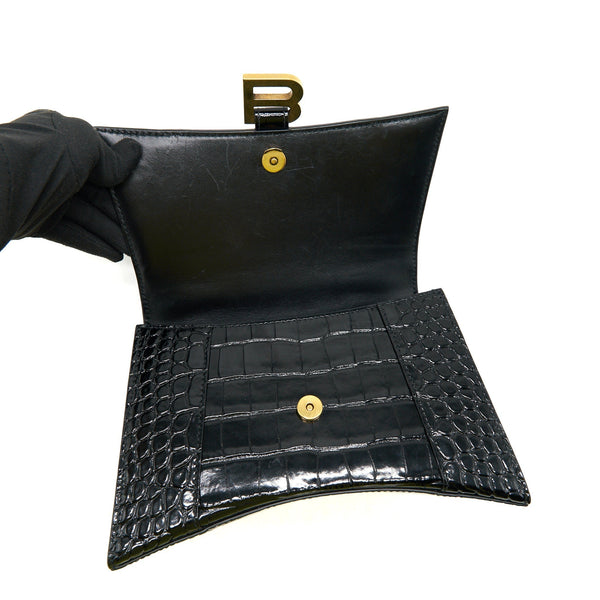 Balenciaga Hourglass S Croc Embossed leather handbag Black GHW | Designer Top Handle Bag