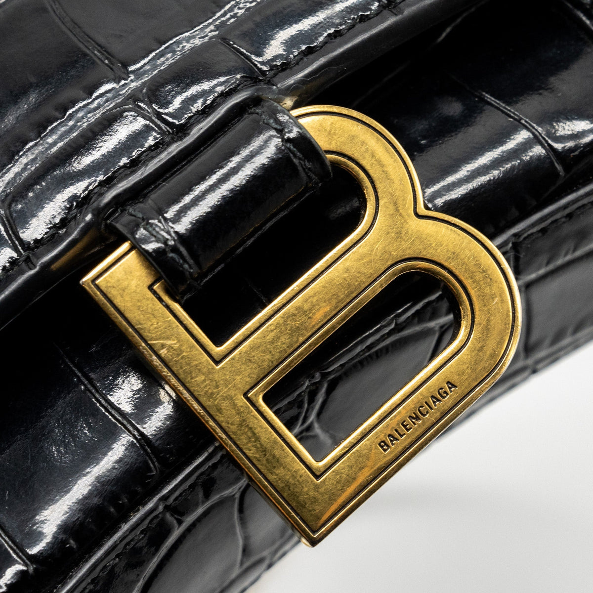 Balenciaga Hourglass Wallet On Chain Croc Embossed Calfskin Black GHW — Designer Chain Bag