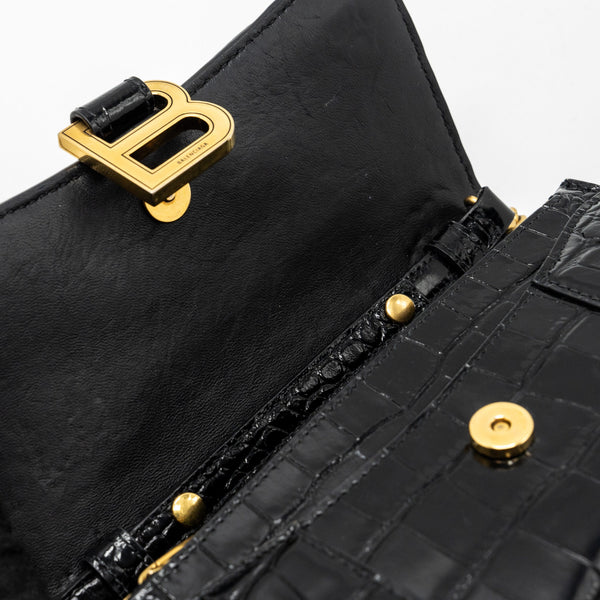 Balenciaga Hourglass Wallet On Chain Croc Embossed Calfskin Black GHW — Designer Chain Bag