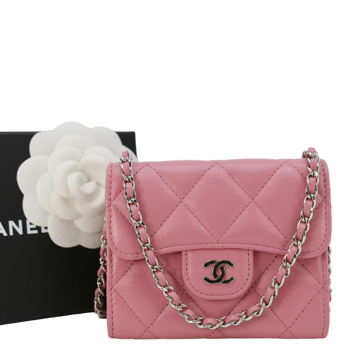 Chanel Wallets? Chanel Classic Mini Flap Quilted Lambskin Leather Card Holder On Chain Pink Elegant Everyday Leather Wallet