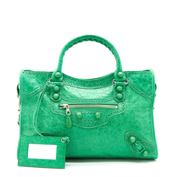 Balenciaga Lace City Bag Green SHW — Designer Leather Handbag