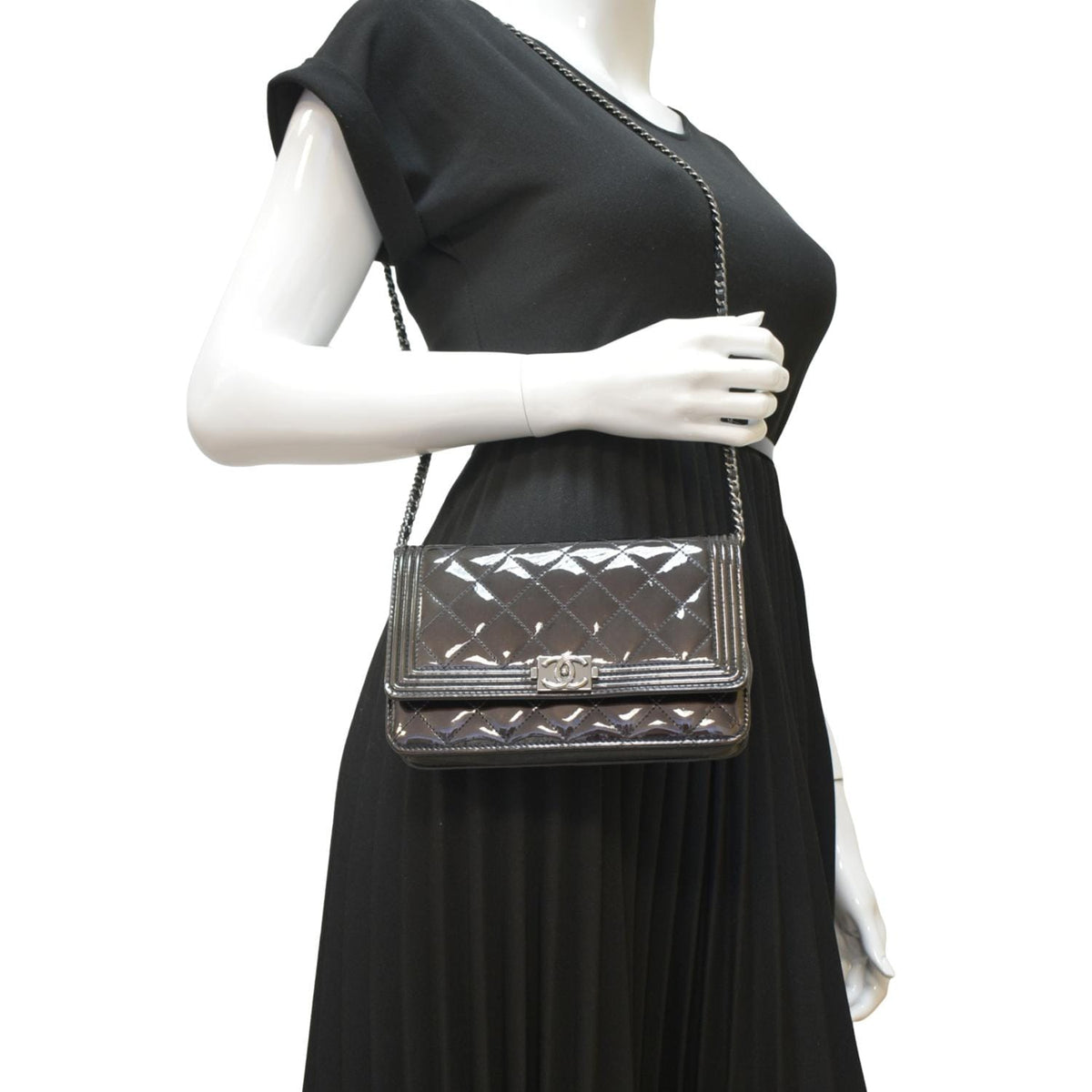 Chanel Wallets? Chanel Boy WOC Quilted Patent Leather Wallet On Chain Shoulder Bag Black Compact Luxury Card Wallet