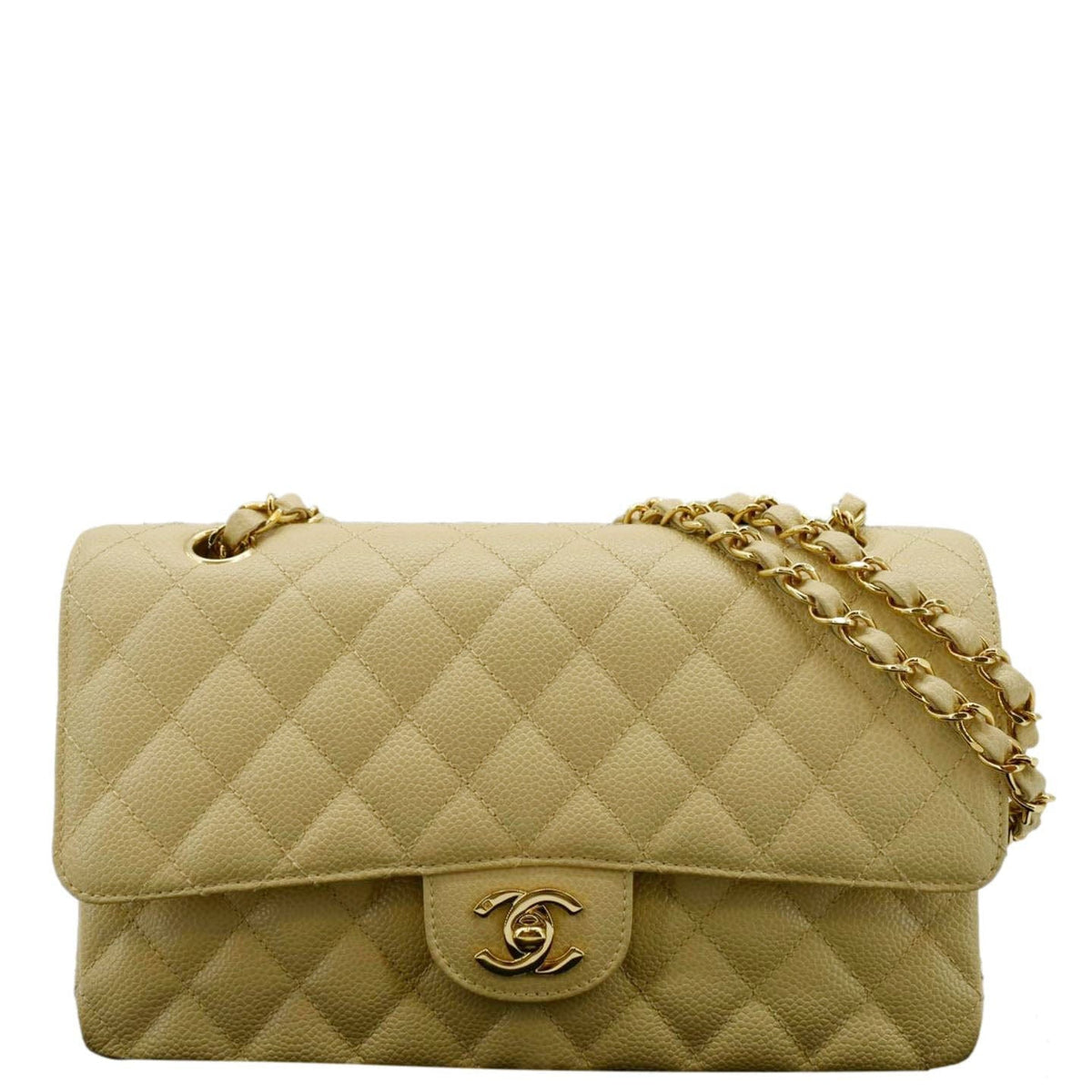 Chanel Bags Chanel Classic Double Flap Quilted Caviar Leather Shoulder Bag Cream Premium Designer Shoulder Bag