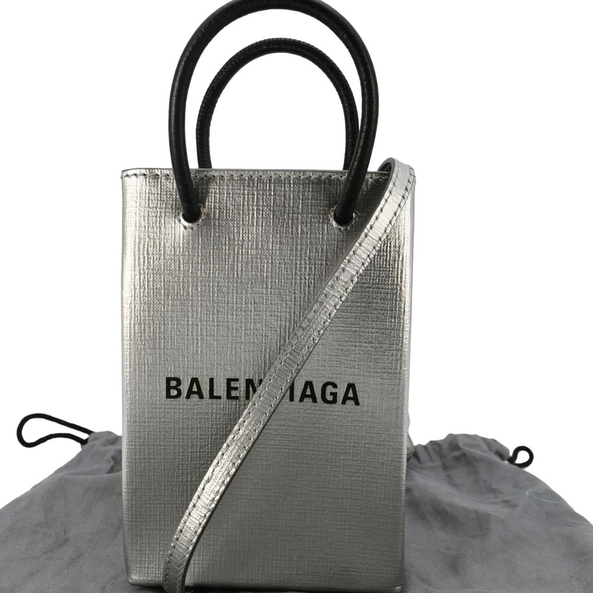 Balenciaga Metallic Logo Leather Shopping Phone Holder Silver | Designer Shoulder Bag