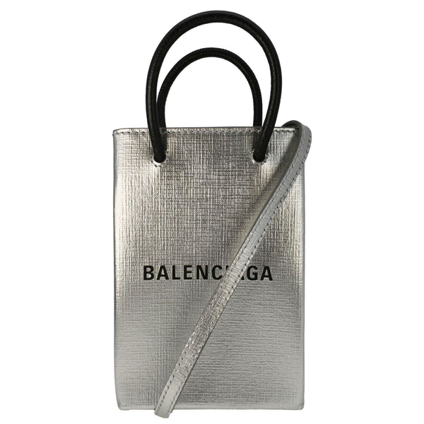 Balenciaga Metallic Logo Leather Shopping Phone Holder Silver | Designer Shoulder Bag