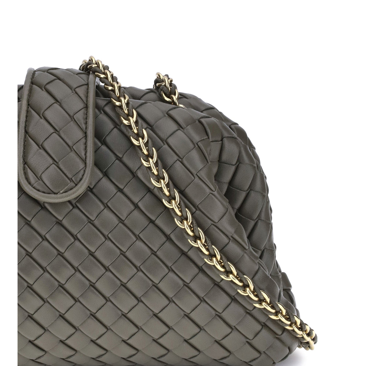 Close-up of Bottega Veneta clutches hardware and fine stitching