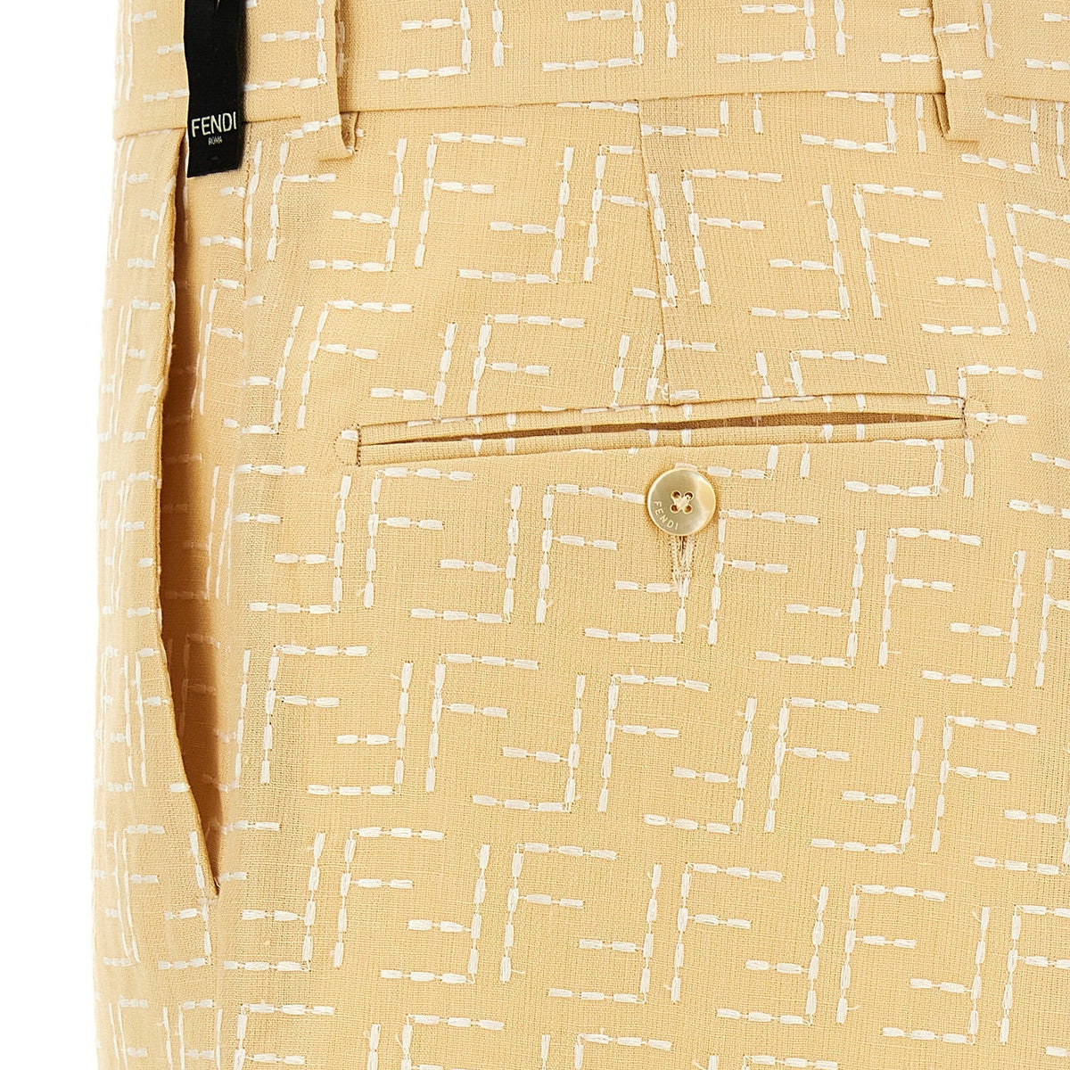 Close-up of Fendi pants hardware and fine stitching