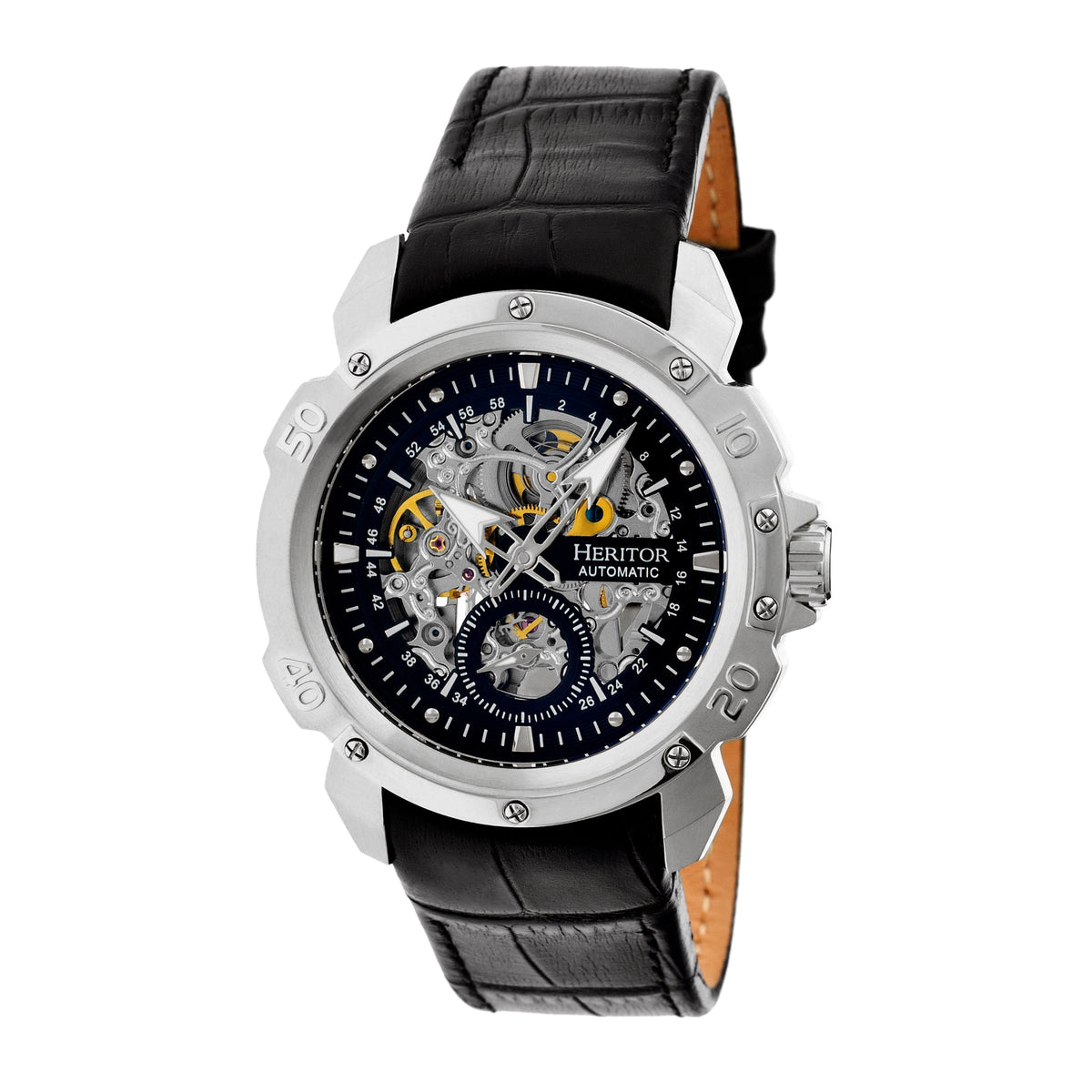 Close-up detail view of Heritor Automatic Conrad unisex silver watch