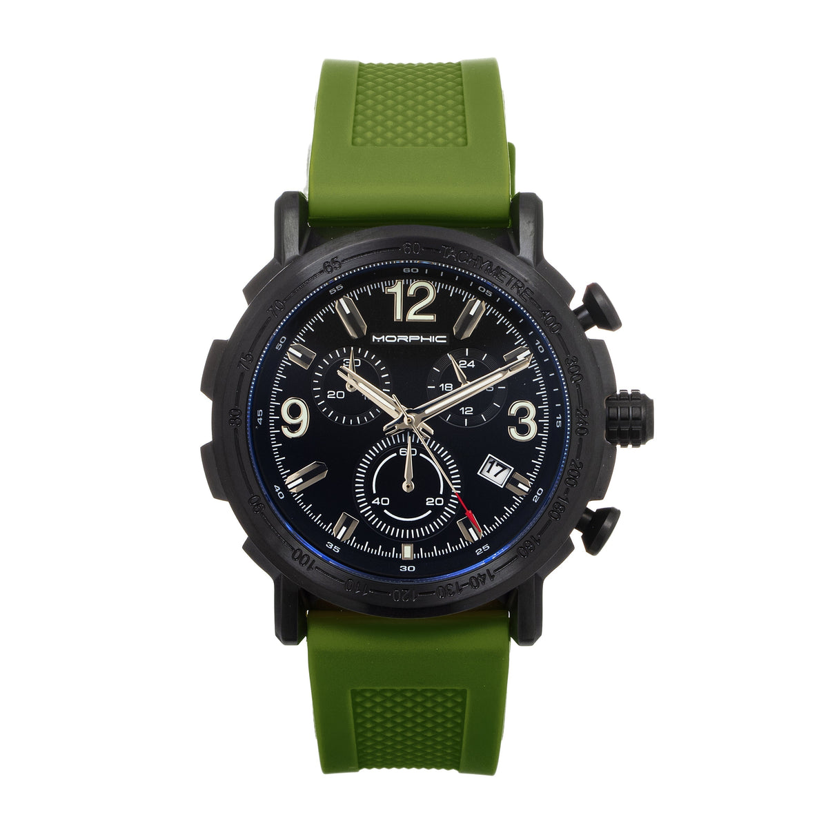 Close-up detail view of Morphic M93 Series unisex green watch