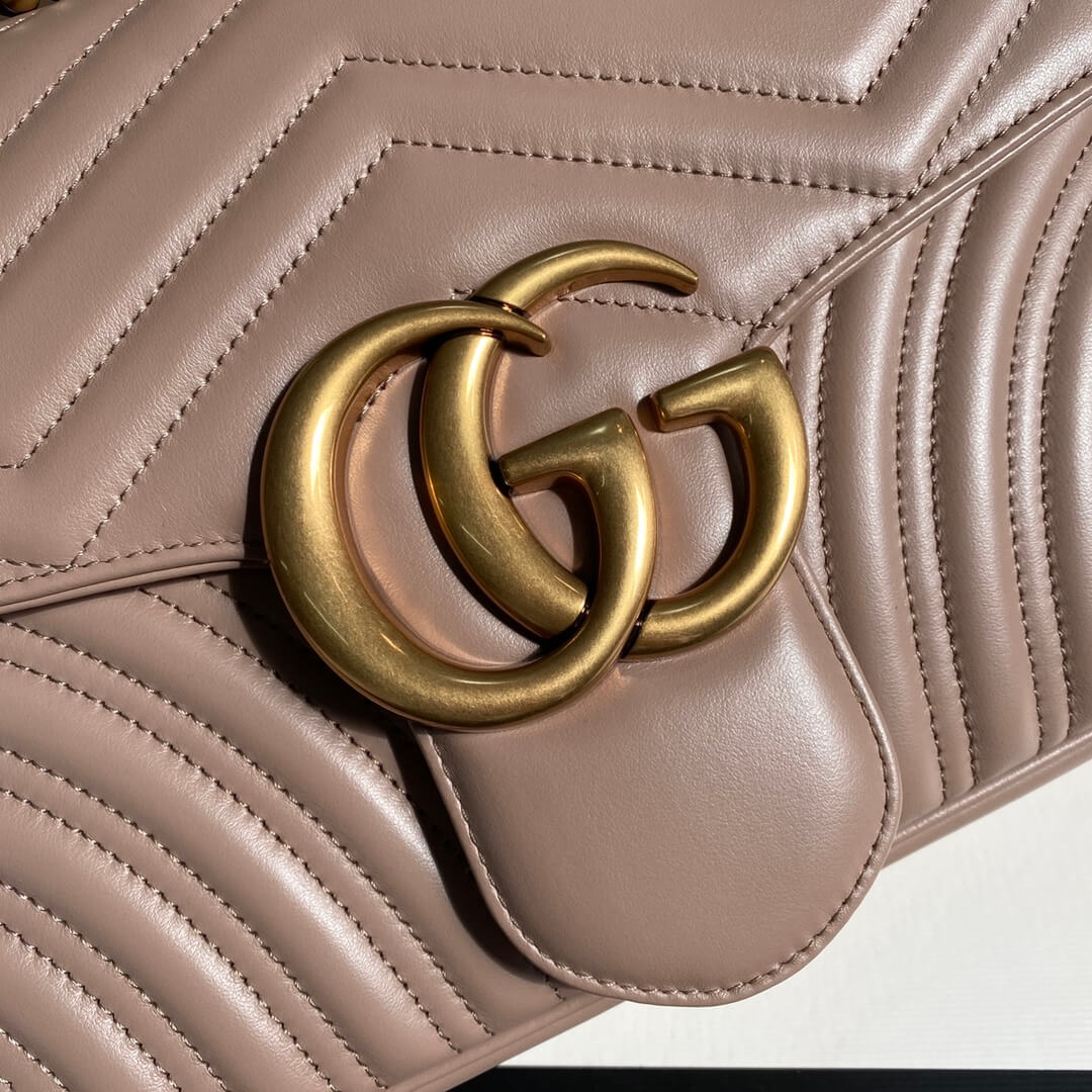 Bellvora ‎443496 Gg Marmont Medium Matelassé Shoulder Bag Nude Pink Leather Gold Hardware detail shot – authentic designer craftsmanship
