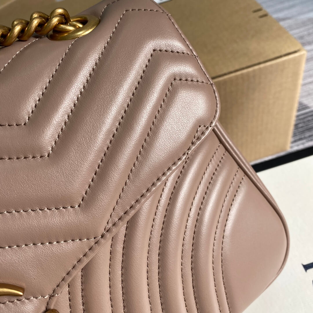 Bellvora ‎443496 Gg Marmont Medium Matelassé Shoulder Bag Nude Pink Leather Gold Hardware detail shot – authentic designer craftsmanship