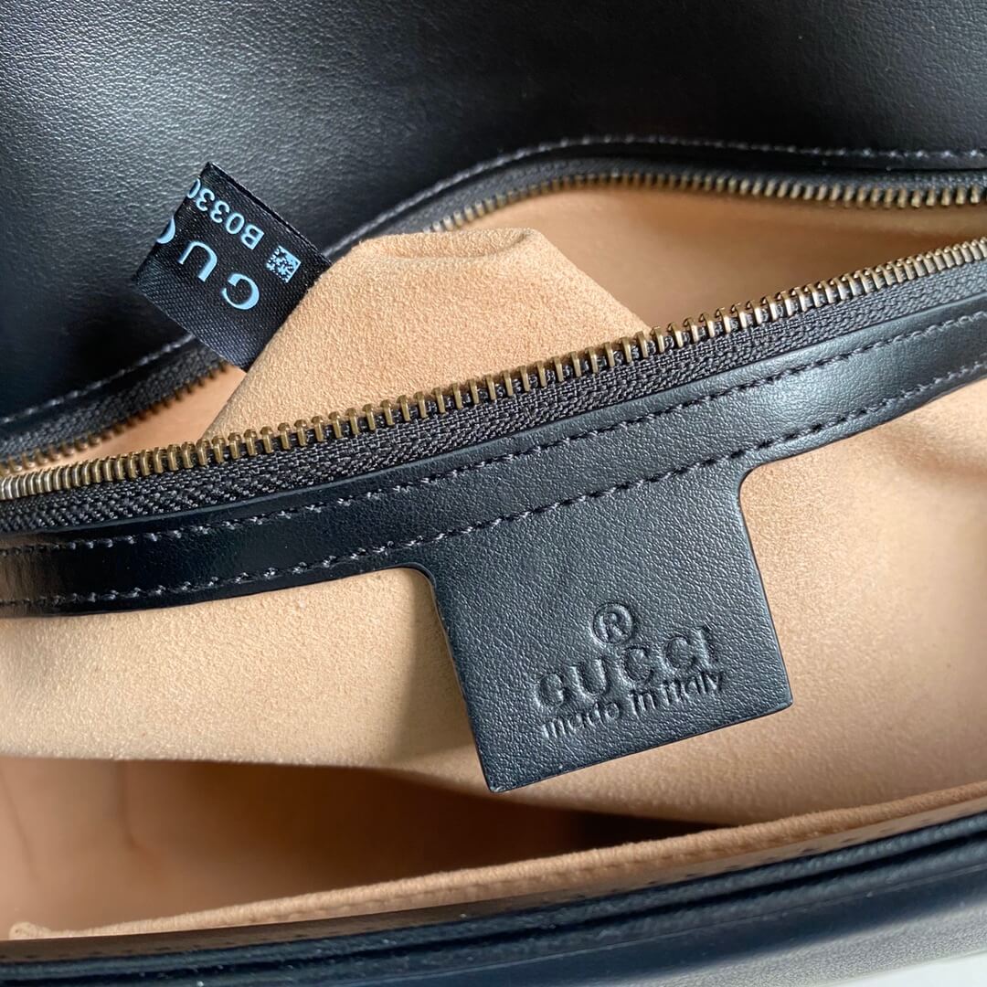 Bellvora ‎443496 Gg Marmont Medium Matelassé Shoulder Bag Black Leather Gold Hardware detail shot – authentic designer craftsmanship