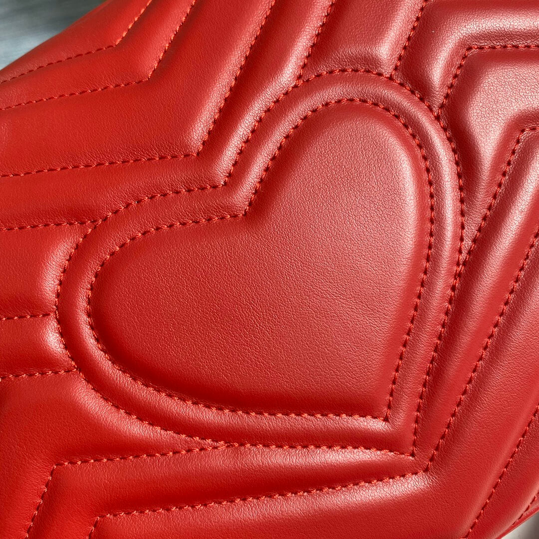 Bellvora ‎443496 Gg Marmont Medium Matelassé Shoulder Bag Red Leather Gold Hardware detail shot – authentic designer craftsmanship