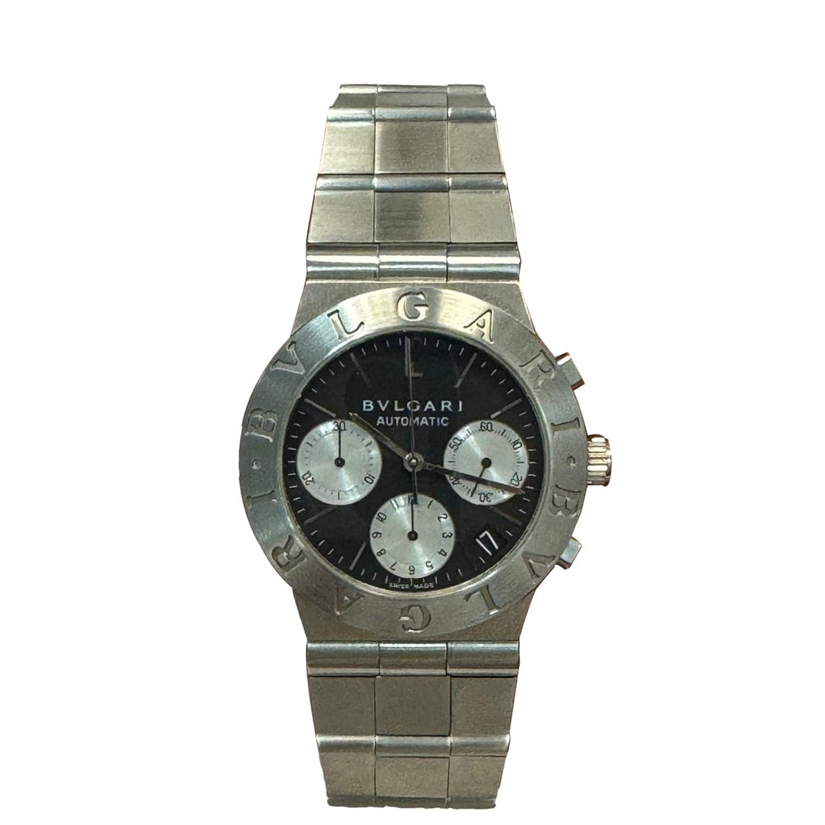 Close-up detail view of BVLGARI unisex silver watch