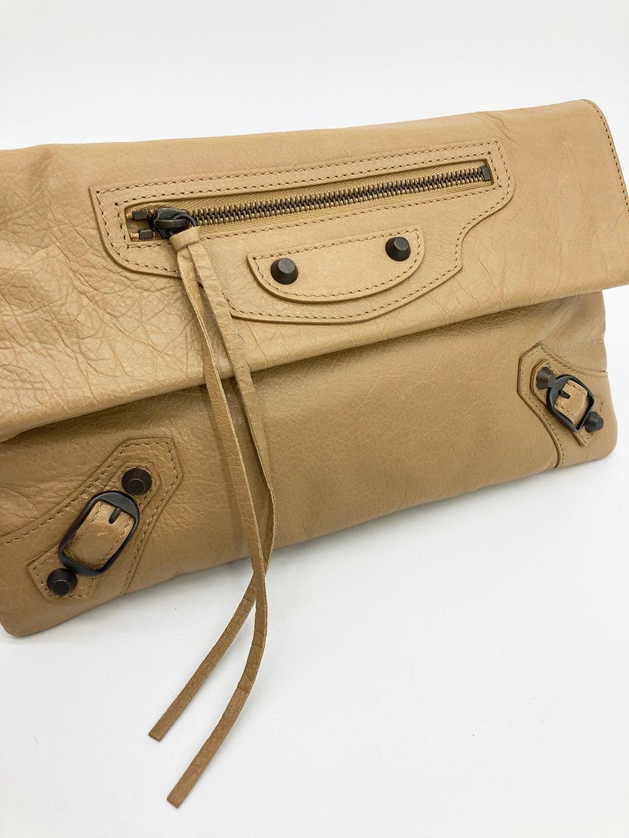 Balenciaga Tan Leather City Envelope Clutch with Mirror | Designer Clutch Bag