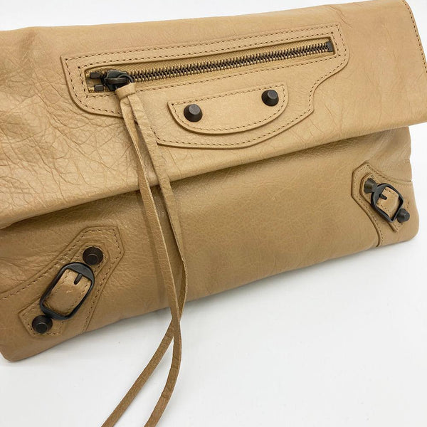 Balenciaga Tan Leather City Envelope Clutch with Mirror | Designer Clutch Bag